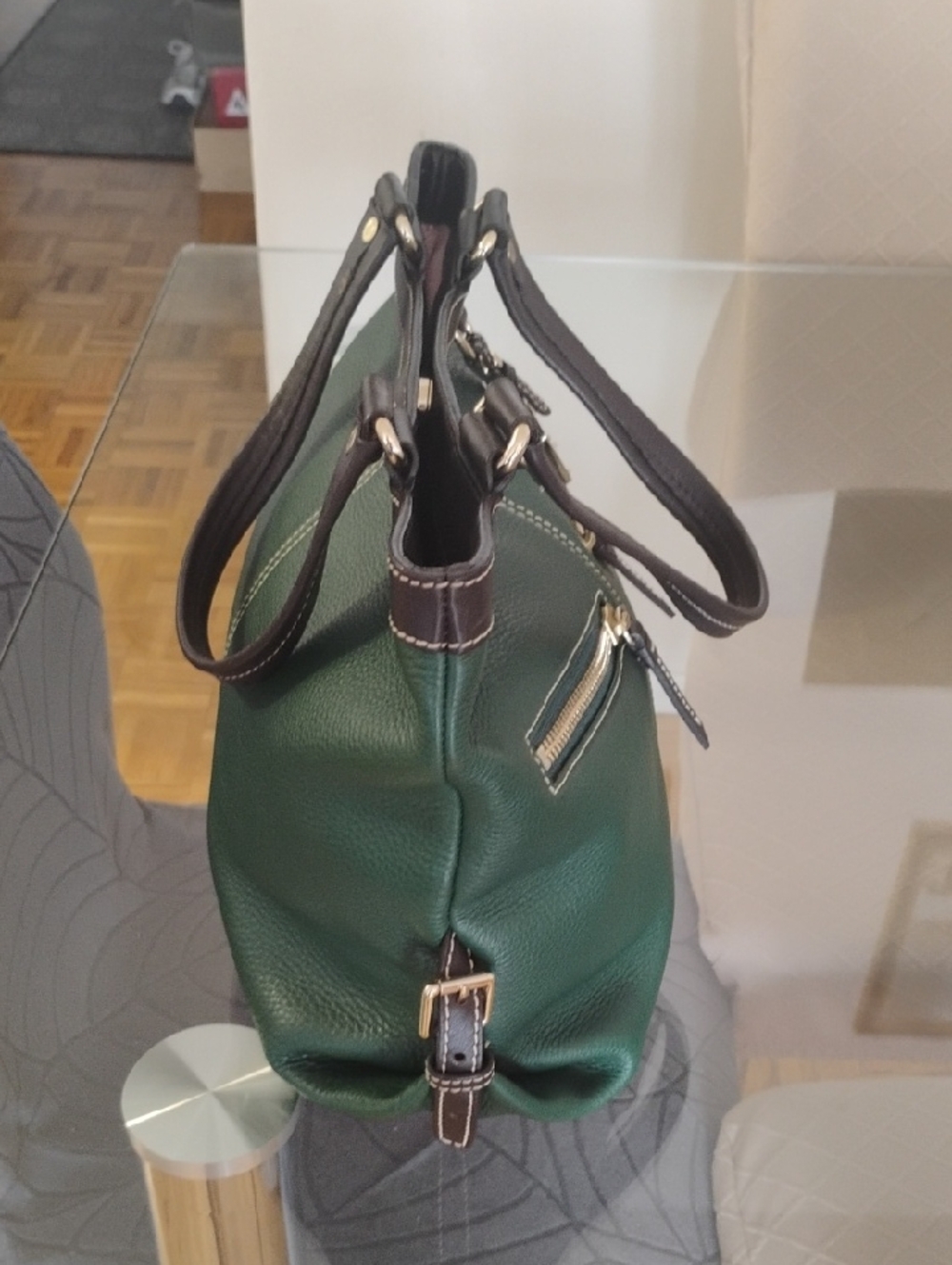 Dooney & Bourke Green Pebbled Leather Shoulder Tote with Dark Brown Trim - Picture 5 of 7
